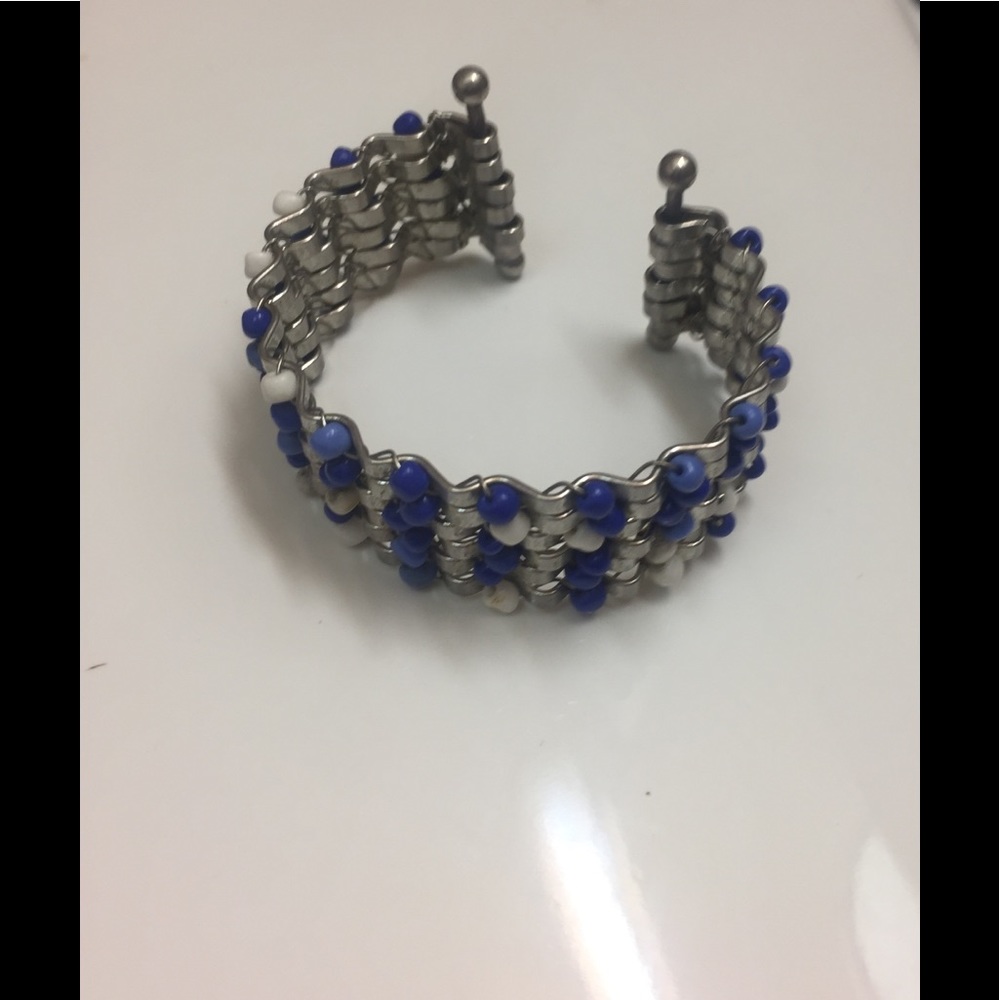 Sliver and blue and white bead cuff bracelet